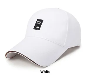 Detail of white cotton baseball cap showing rubber logo patch and brown brim piping