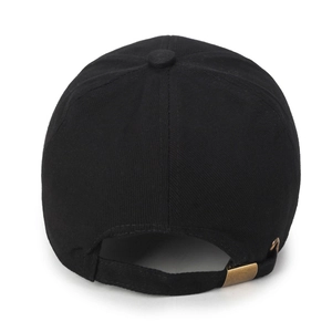 Rear view of a black cotton baseball cap with adjustable antique bronze metal buckle
