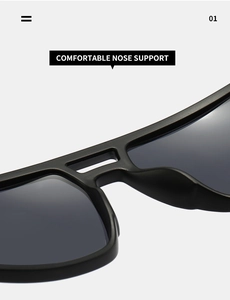 Detail of comfortable integrated nose pads on matte black square frame sunglasses