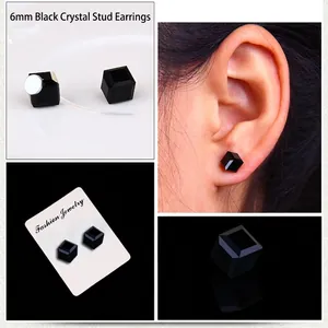 Black square crystal magnetic earrings 6mm non-pierced studs for men and women