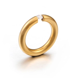 Polished gold titanium steel ring with tension-set round zircon stone from a 45-degree angle