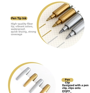 Detail of metallic marker fiber tip and clip design with gold and silver ink colors
