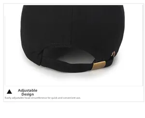 Detail of black cotton baseball cap showing adjustable bronze metal buckle strap