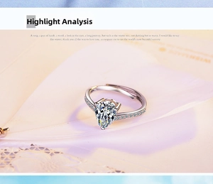 Macro shot of pear-cut cubic zirconia ring with adjustable band on white feathers