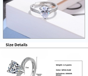Detailed size chart showing 6mm pear-cut cubic zirconia and 20mm diameter ring band