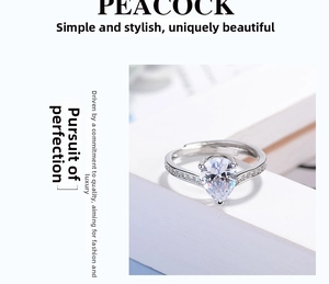 Detail of adjustable silver ring with pear-cut cubic zirconia and micro-set side stones