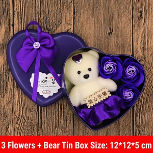 Detailed top view of 12x12x5cm heart tin box with soap roses and plush bear