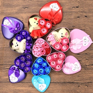 Heart Shaped Soap Rose Flower Gift Box With Plush Bear Tinplate Essential Oil Scented Romantic Wedding Valentine Day Present