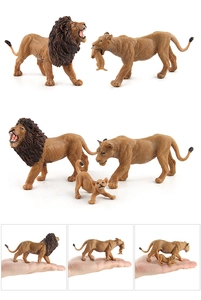 Detailed close-up of a realistic lion family set including male, female and cubs