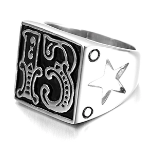 Retro stainless steel men's ring with lucky number 13 and star engraving on a white background