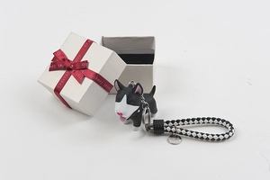 Bull Terrier dog keychain with black and white woven strap in a premium gift box