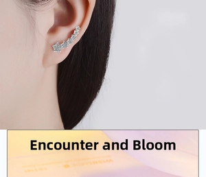Detailed view of silver star ear climbers with sparkling zircon stones on a model ear