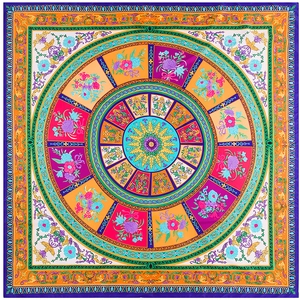 Floral mandala silk satin square scarf 130cm with baroque patterns on white background