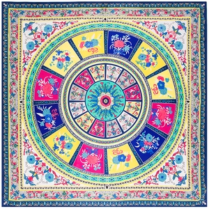 Detailed pattern of large 130cm floral silk satin scarf with concentric geometric border