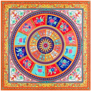 Elegant 130cm floral pattern silk satin square scarf with vibrant ornate circular designs