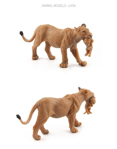 Detailed realistic lioness model carrying a cub in mouth with lifelike fur textures