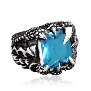 Anello punk vintage con artiglio di drago e gemma quadrata blu in acciaio inossidabile
