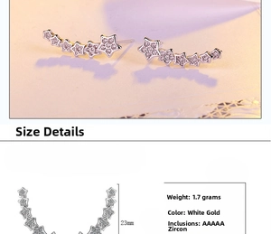 Detail view of silver pentagram ear climbers with AAAAA grade cubic zirconia pavé setting