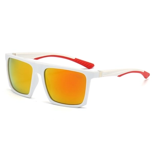 Modern white square frame sunglasses with orange mirror lenses and red sports temples