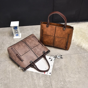 Retro faux leather tote bags in caramel and taupe colors with dual front zipper pockets