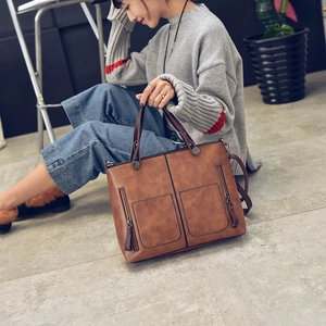 Retro PU Leather Tote Bag Large Capacity With Dual Front Zip Pockets Shoulder Crossbody Handbag For Women