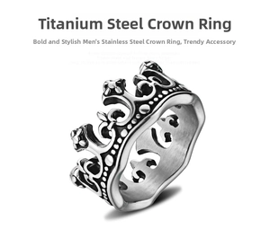 Detailed view of crown shaped stainless steel ring with vintage silver finish and texture