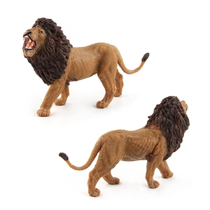 Realistic large male lion animal figure with detailed dark brown mane on white background
