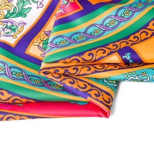 Detailed view of Baroque floral pattern on 130cm satin silk scarf with vibrant colors