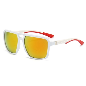Square frame sports sunglasses with white frame, red temples and yellow reflective lenses