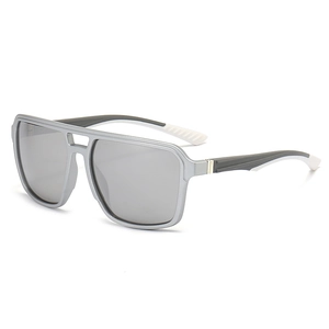 Mens square frame sports sunglasses with silver matte finish and dark gray lenses