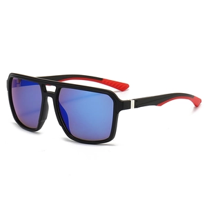 Men's square frame sport sunglasses with double bridge and red anti-slip temple tips