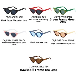 Detailed collection of cat-eye sunglasses in seven assorted frame colors and lens tints