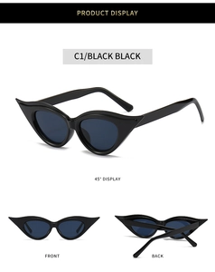 Detailed multi-angle view of black cat-eye sunglasses showing frame texture and fit