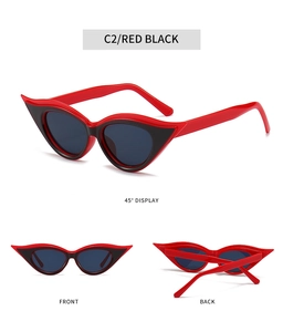 Detailed views of red and black cat eye sunglasses showing front, back, and 45-degree angles