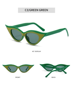 Three views of green cat-eye sunglasses with gray lenses in 45-degree, front, and back shots