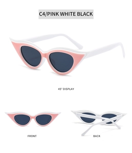 Detailed multi-angle views of white cat eye sunglasses with pink accents and dark lenses