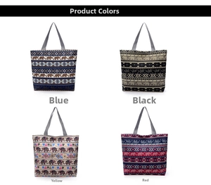 Detailed view of four ethnic print canvas tote bags in blue, black, yellow, and red