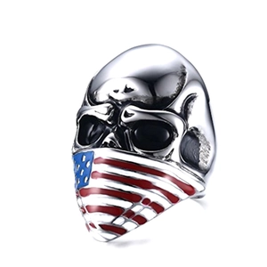 Close-up of silver skull ring featuring an American flag masked face detail