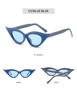 Detailed views of cat-eye sunglasses with blue frames and light blue tinted lenses