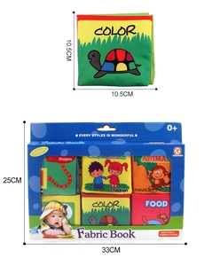 Set of 6 early education baby cloth books with dimension labels showing size and packaging