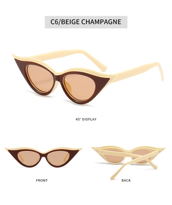 Detail view of beige and champagne cat eye sunglasses with multi-angle perspectives