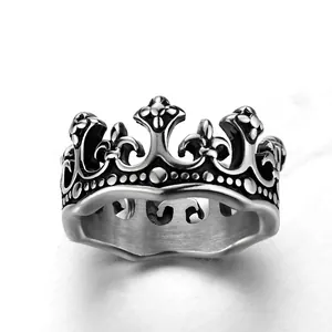 Gothic style stainless steel crown ring with fleur-de-lis and black oxidized finish