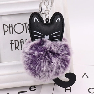 Cute black cat keychain with purple faux fur pompom and metal ring for bag charm