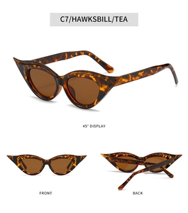 Three-angle views of cat eye sunglasses in tortoiseshell frame with tea colored lenses