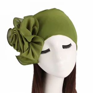 Elegant grass green turban cap with large side chiffon rose for women fashion