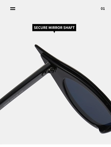 Detailed close-up of durable metal hinge and size marking on black cat eye sunglasses