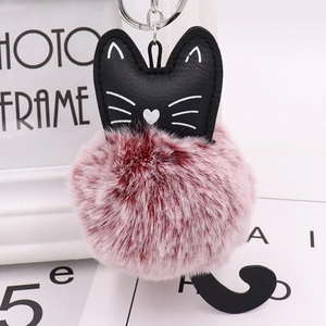 Cute black cat keychain with fluffy faux rabbit fur pom pom for handbag decoration