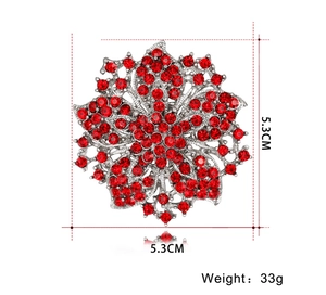 Detail showing 5.3CM red rhinestone flower brooch with dimensions and weight info