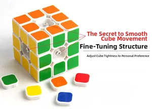 Macro detail of 3x3 magic cube with adjustable internal screw and five colored caps