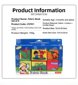 Detail view of 6-piece baby cloth book set with specifications and theme variety